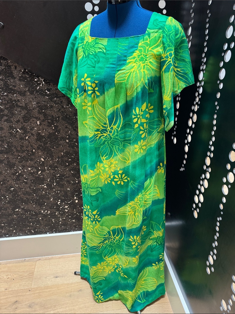 Vintage Floral Maxi Kaftan Dress - Vibrant Green & Yellow